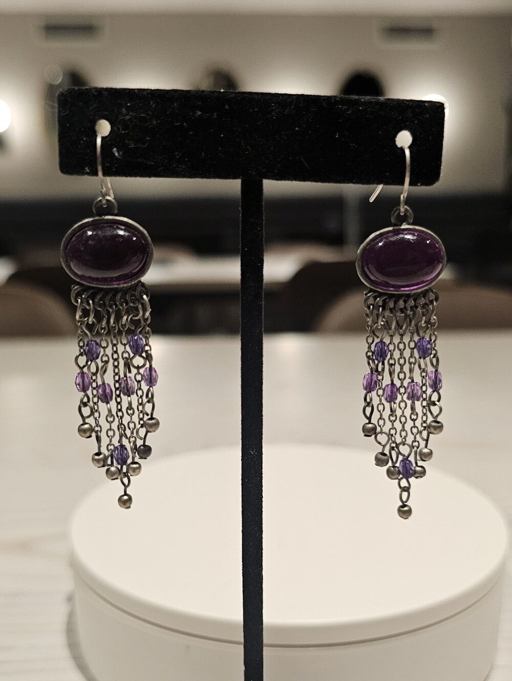 Vintage Purple Cabochon Cat Eye Chain Fringe Boho Dangle Earrings
